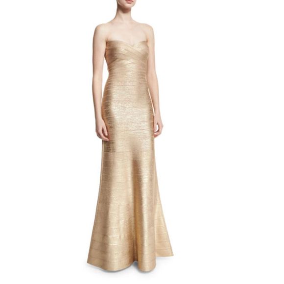 New Herve Leger Sara Fit n Flare Bandage Maxi Dress Gown Gold Foil XS $1799 - Picture 11 of 13